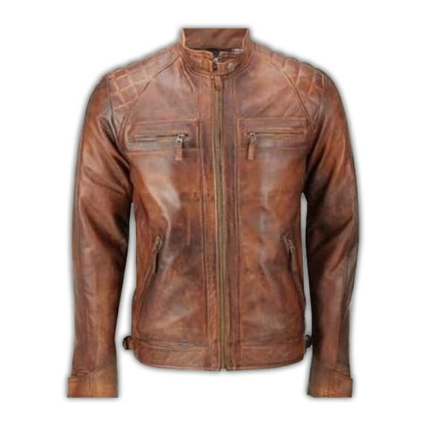 Hawk Mens Distressed Brown Classic Diamond Leather Jacket
