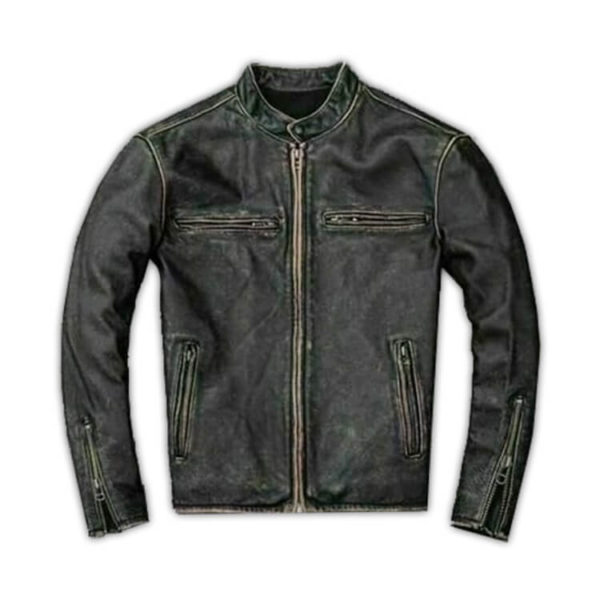 Mens Motorcycle Biker Vintage Distressed Black Faded Leather Jacket