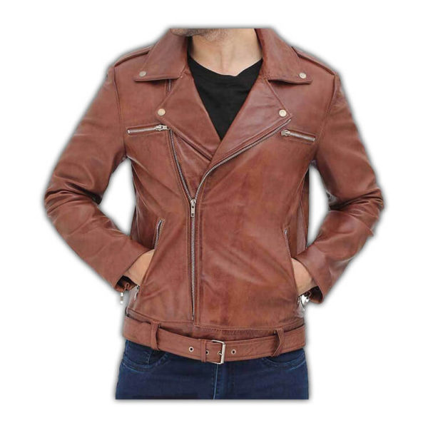 Negan Asymmetrical Mens Brown Leather Jacket