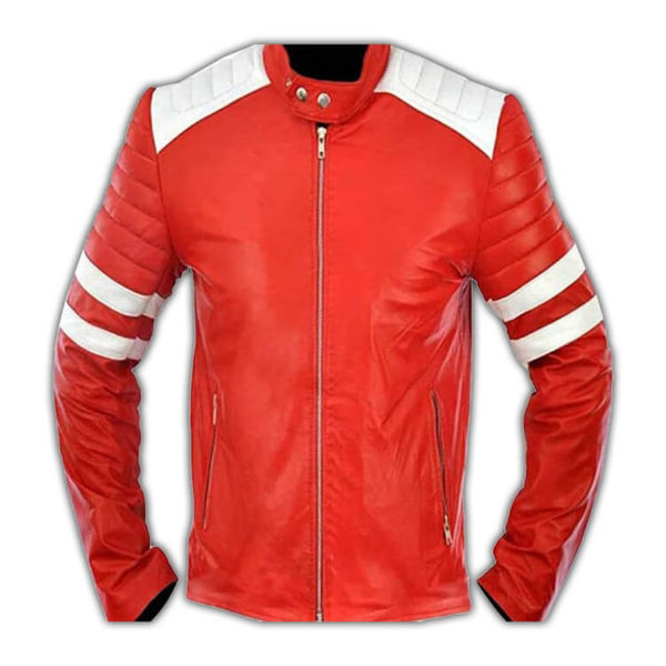 Men Club Original Leather Jacket Red with White Stripes