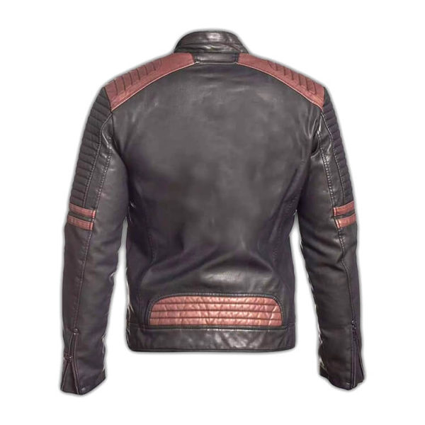 Retro 4 Cafe Racer Leather Jacket | Cowhide Black Leather Jacket | Vinatge Maroon Stripes Jacket | 2XS to 5XL - Image 2