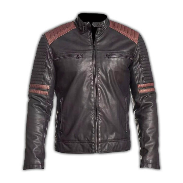 Retro 4 Cafe Racer Leather Jacket | Cowhide Black Leather Jacket | Vinatge Maroon Stripes Jacket | 2XS to 5XL